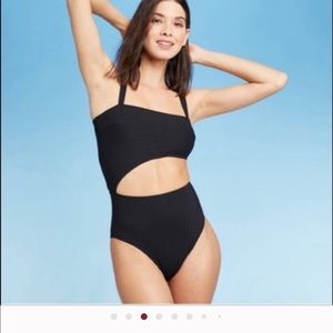 NWT Shade and Shore Black Cutout Ribbed One Piece Swim Large 12-14